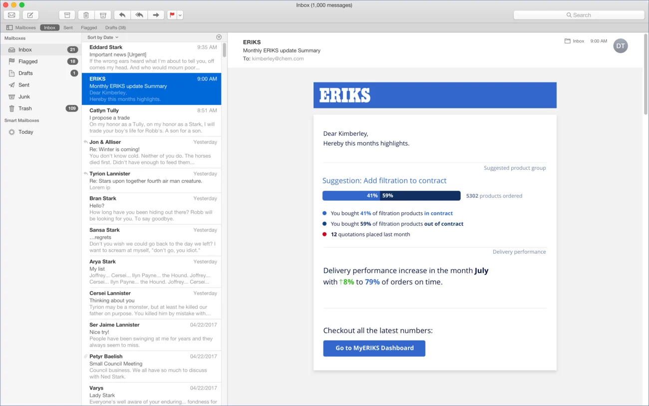 The first frame of the prototype: a mock desktop mail client with the monthly ERIKS update open in the reading pane.
