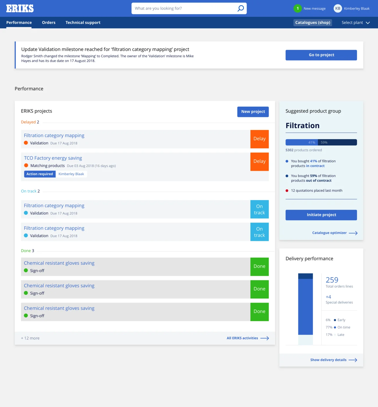 The dashboard: projects grouped under Delayed, On track and Done with coloured status chips, and a panel showing an in-contract versus out-of-contract split.