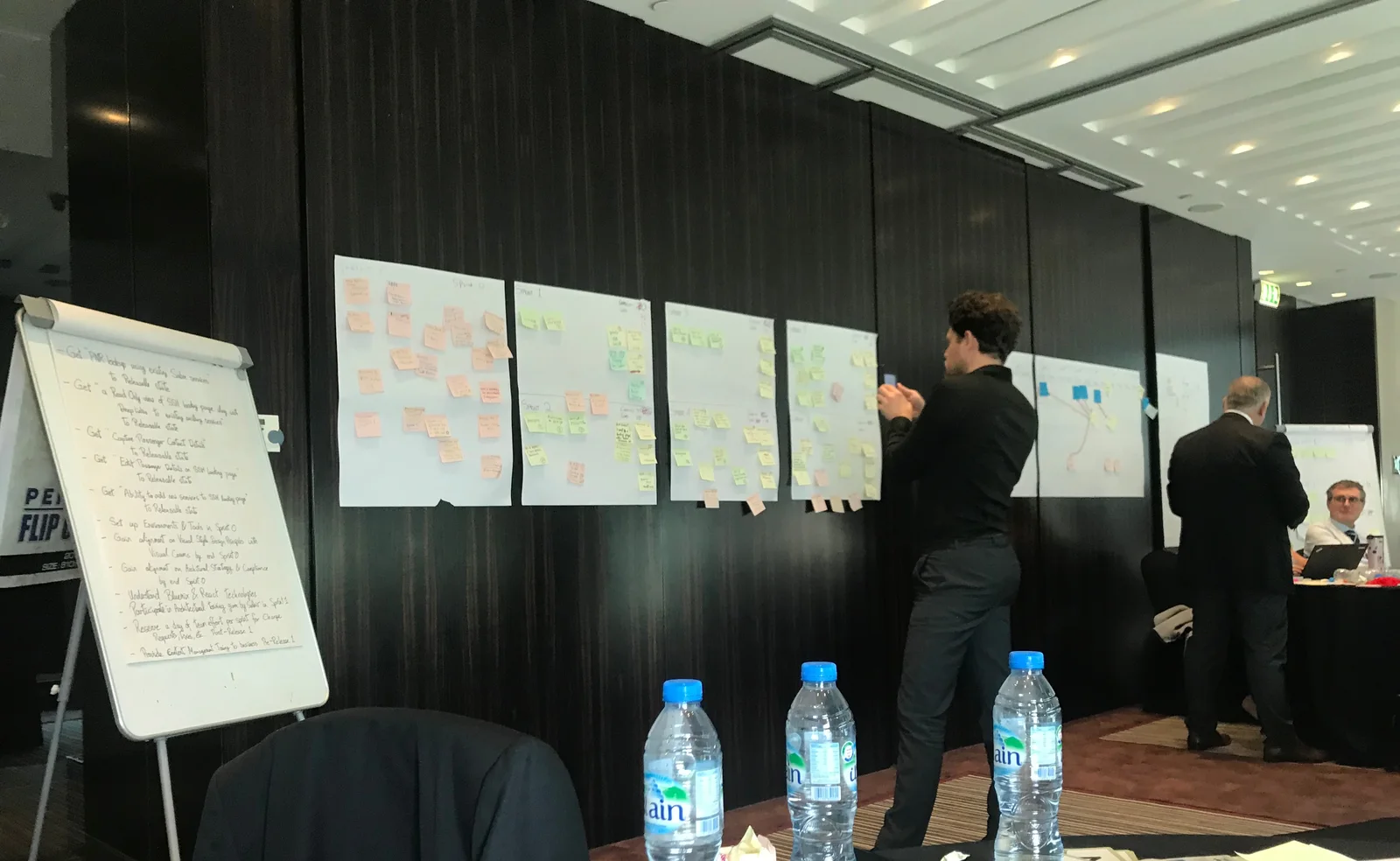 A wall of experience maps on flip-chart paper, covered in sticky notes, with a colleague adding one.