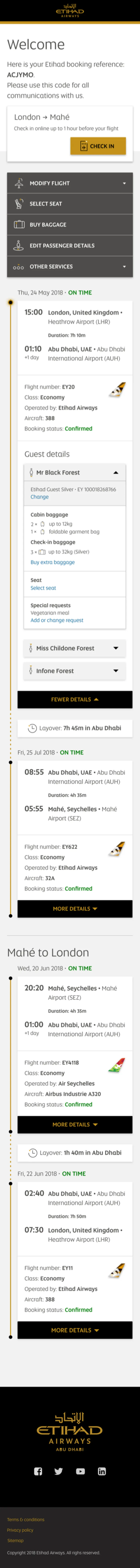 The whole shipped booking page in one scroll: Welcome and the booking reference, the check-in button, five actions, the first flight with its details, the three guests with tier and baggage, the layover, and the second flight.