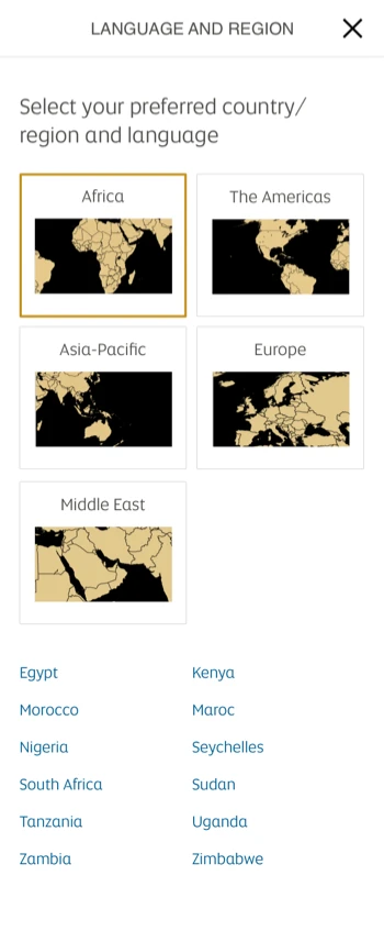 The shipped language and region picker: five regions shown as maps — Africa, The Americas, Asia-Pacific, Europe and Middle East — with a list of country names underneath.