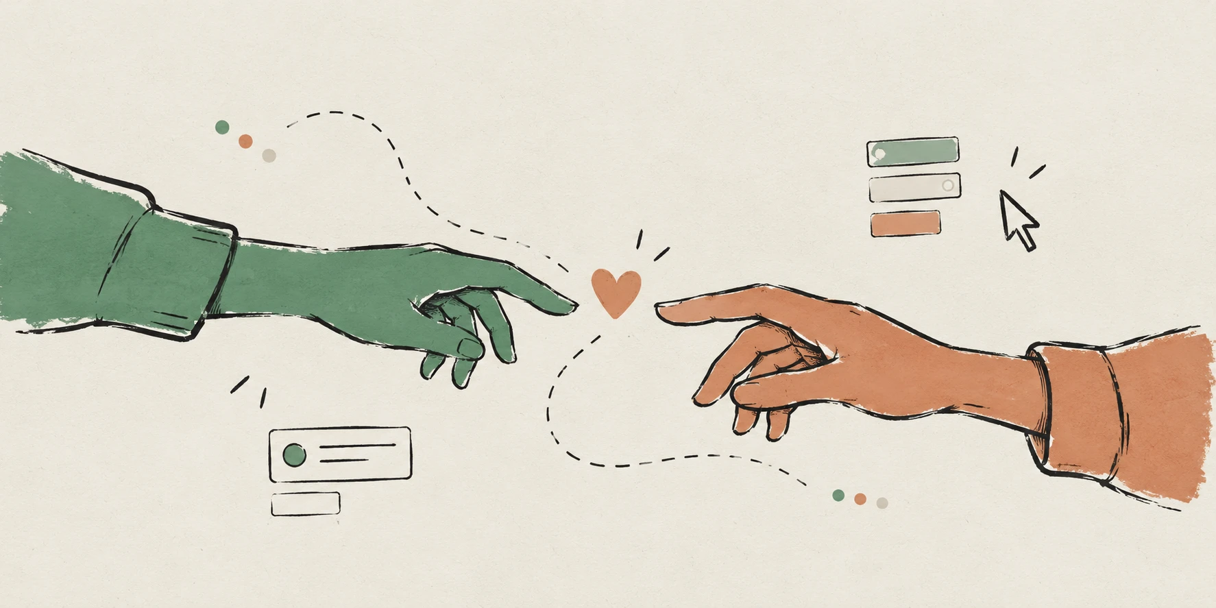 A hand-drawn illustration of two hands reaching toward each other, one green and one terracotta, with a small heart between them.