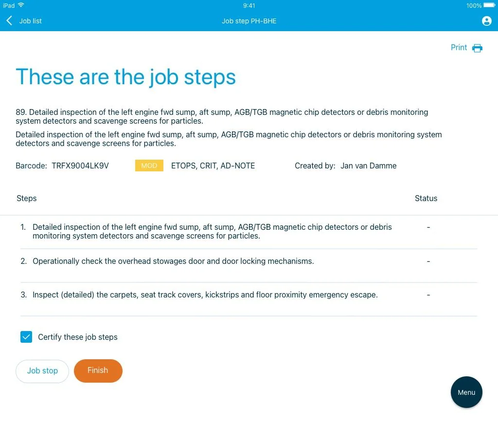 The shipped iMech job steps screen on iPad, with a Job stop and a Finish button.
