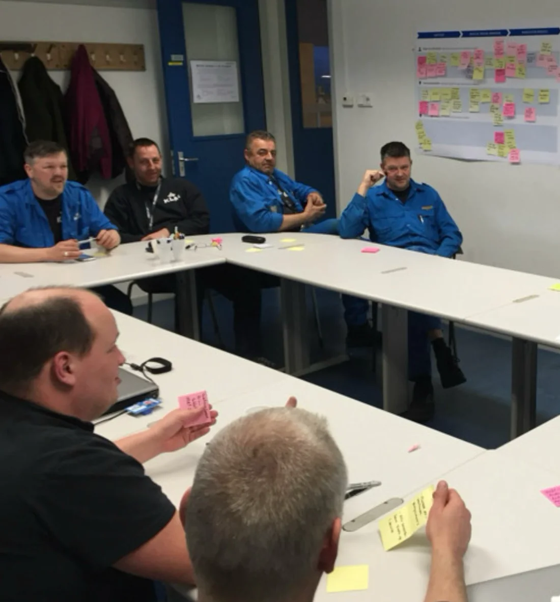 Maintenance technicians in work clothing in a session, with a journey map covered in sticky notes behind them.